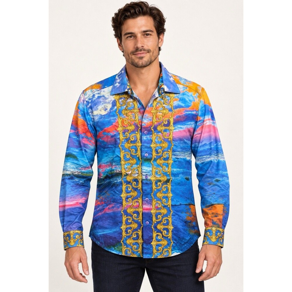 Robert Graham Men’s M Blue Scenic Print Gold Embroidered Button Shirt D